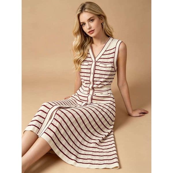 French sleeveless striped knitted dress 2026 summer new style small fragrant style waist cinching slim fit cardigan style vest long skirt