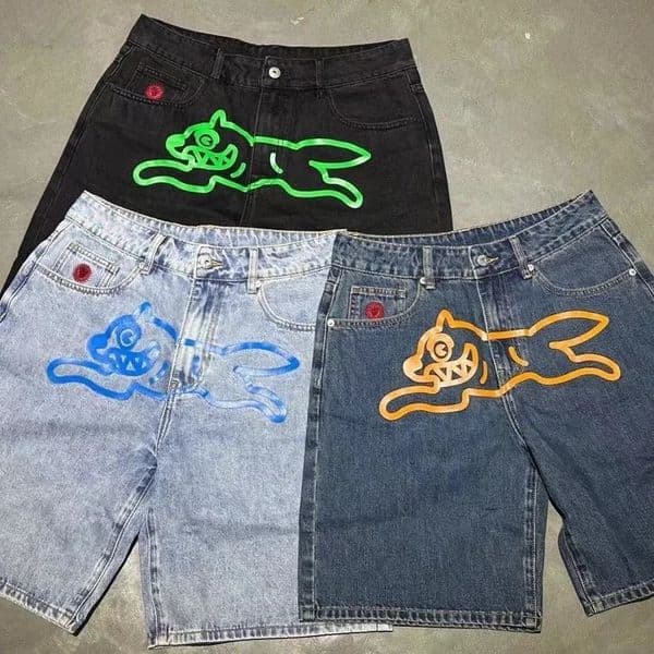 Y2k Summer Harajuku HipHop Gothic Colored Flying Dog Printed Denim Shorts High Street Loose Casual Straight Cropped Jeans 260511