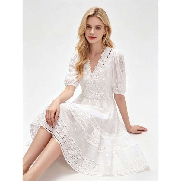 Designer's high-end women's summer new style French lace embroidery hollow A-line waist V-neck white dress