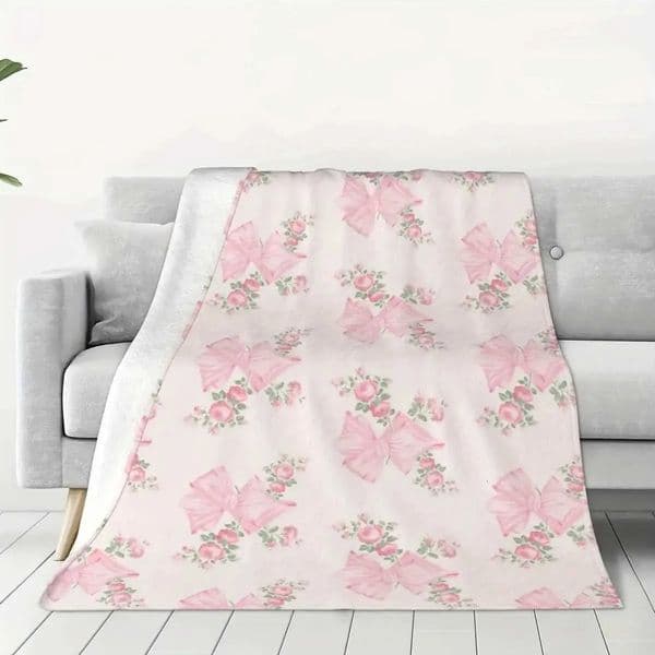 Luxury Designer Decor Soft Cozy Pink Bow Floral Flannel Throw Blanket Versatile For Office Camping Travel All-Season Warmth Machine room Was 5