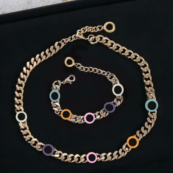 C265DAJ8 Chic Elegant Link Chain Jewelry Set for Women Multicolor Polished Metal Finish Lobster Clasp Secure Daily Wear Necklace