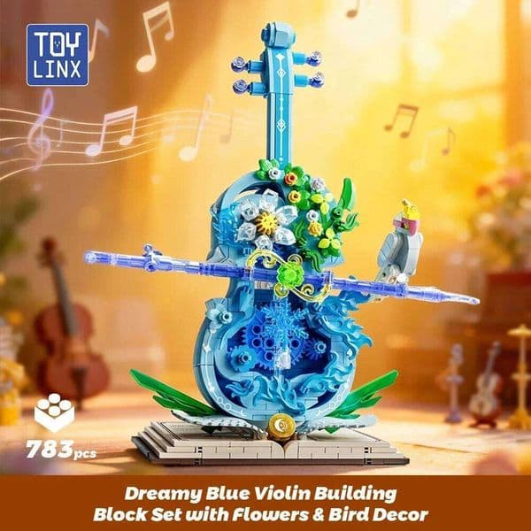 Mechanical Violin Building Blocks with Floral Design 783PCS Assembly Transparent Part Model Unique Desk Ornament for Music Lover