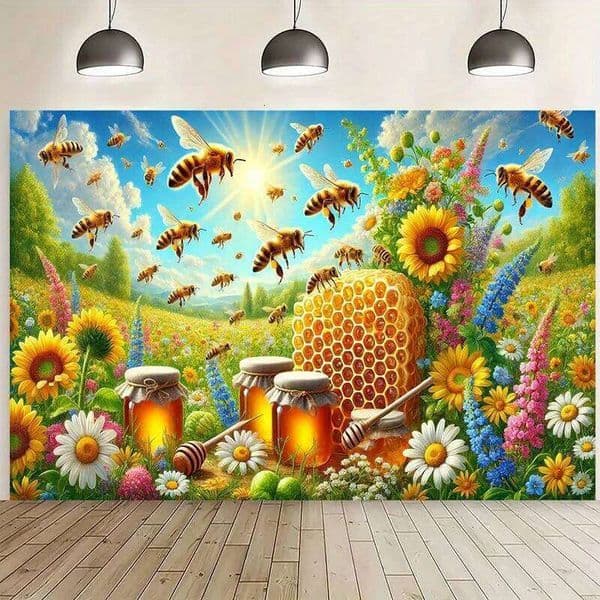 Honey Bee Tapestry, Sunflower Garden Wall Art, Nature Hive Decor, Colorful Floral Landscape Boho Hanging for Bedroom Living Room 26W0515