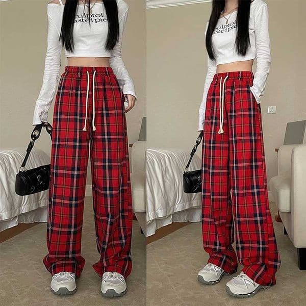 Women High Waist Y2k Loose Straight Leg Pants Lady Korean Harajuku Baggy Wide Leg Trousers Female Casual Grunge Red Plaid Slacks C260515