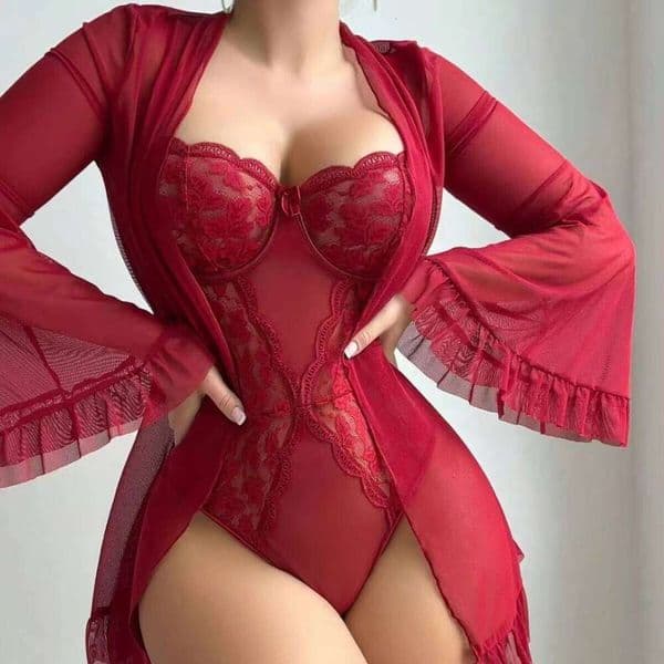 Women's Sexy Lace Bodysuit Lingerie - Bell Sleeves, Ribbon Tie & Stockings Included, Seductive One-Piece Underwear Set