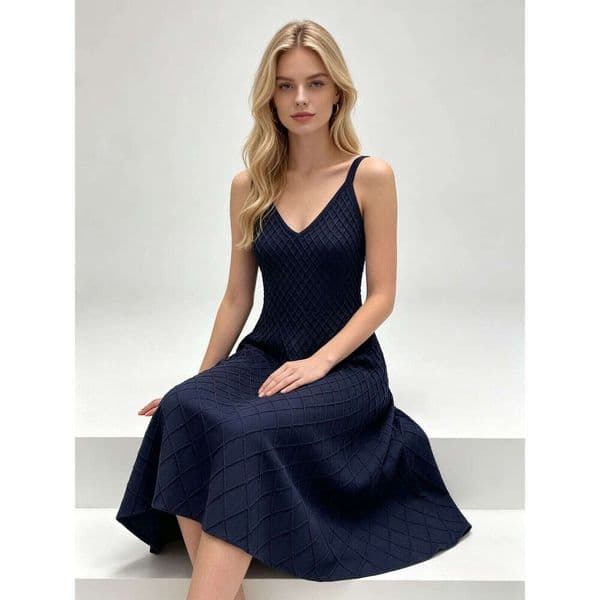 2026 Summer New Designer French Texture Diamond Pattern Slimming V-neck Knitted Dress