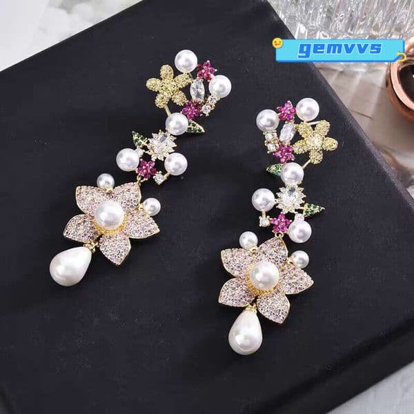 Exquisite Fashionable Small Garden Pearl Flower European And American Micro-Inlaid Moissanite Earrings Trendy Jewelry Factory Wholesale Jewelry