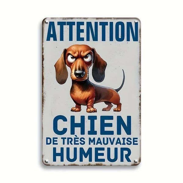 1 pc Iron Animal-Themed Metal Tin Sign for Living Room - Wall Hanging Decor, Dog Warning 'CHIEN DE TRES MAUVAISE HUMEUR' French J260515