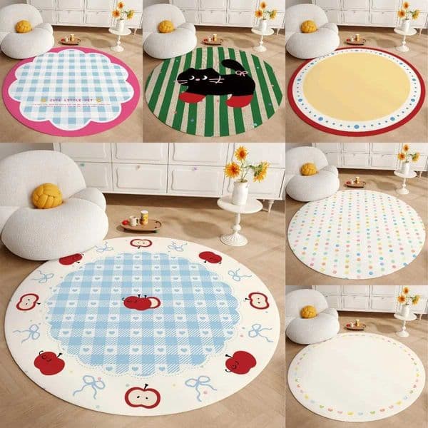 Playful Cartoon Plaid Rug Colorful Round Carpet Non-Slip Soft Cute Floor Mat for Bedroom Living Room Coffee Table Decor Z260514