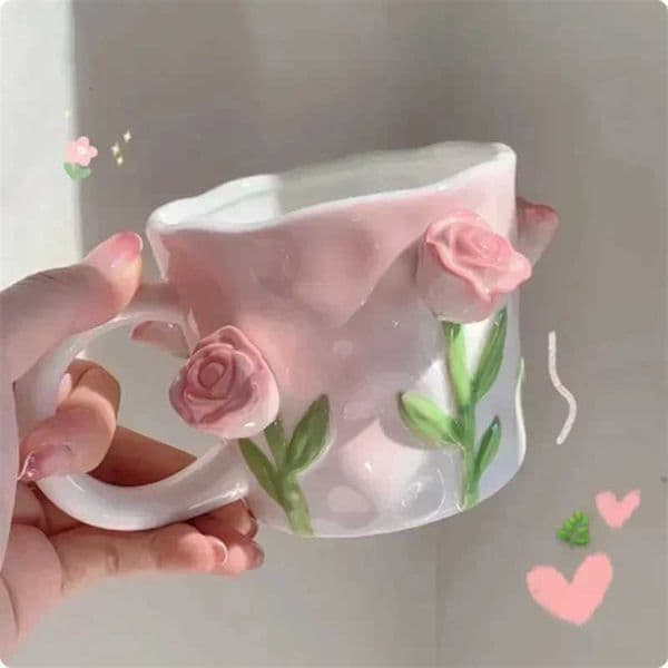 Ins Tulip Rose Design Niche Embossed Ceramic Cup Water Female Flower Beauty High Milk MugJ260515