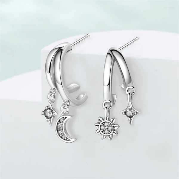 Hoop Earrings 925 Sterling Silver Simple Sun And Moon Shining Together Women Brilliant Wedding Engagement Star Jewelry Gift