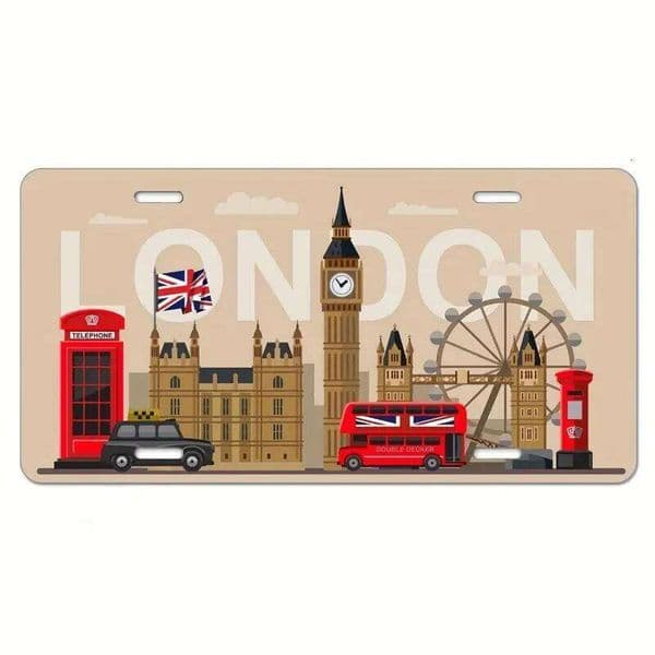 Vintage London Logo Metal License Plate Holder - Durable Aluminum Wall-Mounted Sign with 4 Holes, British Symbol Design J260515