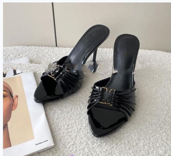 Elegant Dress shoes Ladies stiletto Slippers mules Genuine Leather Fashionable Letter Buckle Sharp toes sandals luxury women designer high-heeled Slipper Y23
