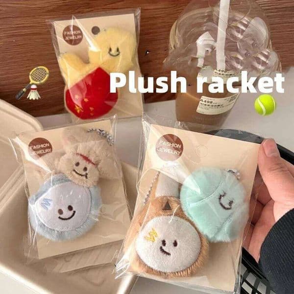 New Cute 2Pcs Tennis Ball Chain Set Cartoon Keychain Badminton Plush Key Ring Sports Backpack Pendant Gift for Women 26W0516