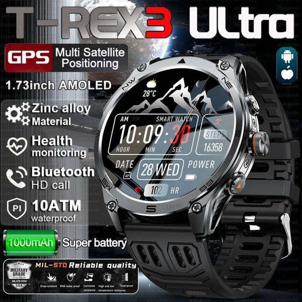 T-Rex 3 ULtra Military Grade 1000mAh Battery Watch 10ATM Waterproof GPS call AMOLED HD Men 100+Sports 2025 New Smart watch J260516