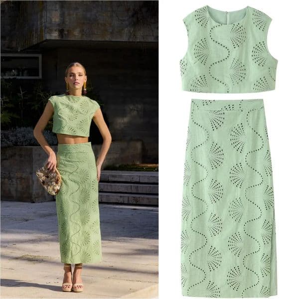 ETJ womens elegant and gentle hollow embroidery round neck jacket high waist slit skirt fashion casual suit 260515