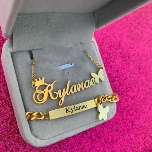Custom Crown Butterfly Name Necklace Bracelet for Women Jewelry Stainles Steel Gold Color Nameplate Kids Set Best Gifts X260516