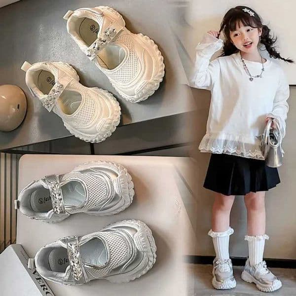Summer2026 Girls Princess Style Childrens Sports Shoes - Glittering Crystal Design Breathable Mesh Material Fashionable TrendyT260516