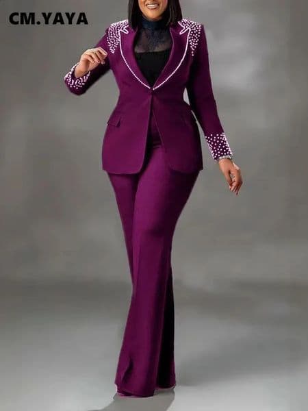 CMYAYA Fashion Pearl Splicing Womens Set Long Sleeve Blazer and Wide Leg Pants Suit Winter OL Fall Two 2 Piece Set Outfit 260513