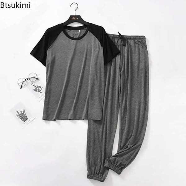 2026 Mens Spring Summer Modal Pajamas Sets Homewear Short Sleeve and Pants Sleepwear Suit Male Loose Patckwork Lounge NightwearT260516