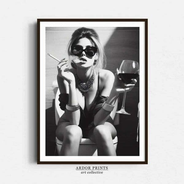 Girl Canvas Art,Woman on Toilet Smoking and Drinking Wine,Black White Print,Funny Bathroom Art,Retro Wall Decor 26Y0516