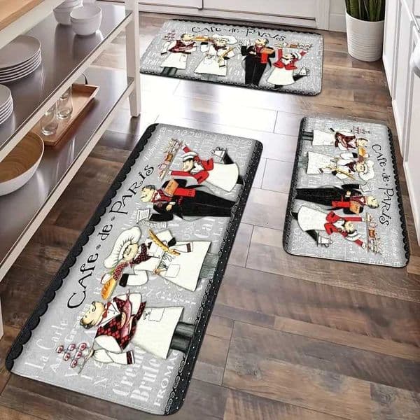 French Chef Kitchen Mat Paisley Striped Polyester Non-Slip Stain Resistant Machine Washable Rug for Multi-Room Decor L260515