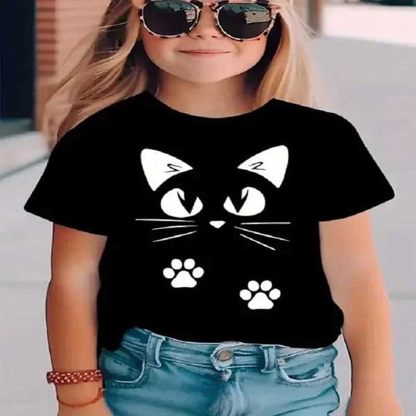 New Cat Print Black and White Summer Short-sleeved s T-shirt with s Clothing s Girl Clothes Z260516