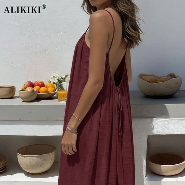 Backless Cami Dresses Open Back Lounge Dress Spaghetti Strap Sleeveless House Long Sundress Holiday Beach Wear 260515