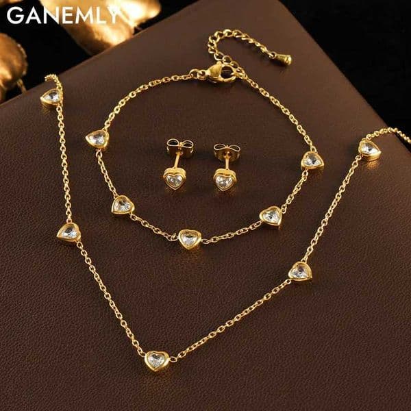 GANEMLY 316L Stainless Steel Shining Heart Zircon Necklace Bracelet Earrings Set For Women Fashion Luxury Waterproof Jewelry Set X260516