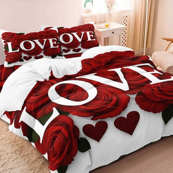 3Pcs Romantic Love Letter Red Rose Flower Pattern Bedding Set Included 1 Duvet Cover 2 cases For Home Dorm Hotel Decor Z260516