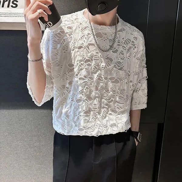 Korea Fashion Streetwear Lace Hole Tops Summer TShirts Party Club Sexy Mens Clothing Ripped Short Sleeve TShirt Hollow n 260515