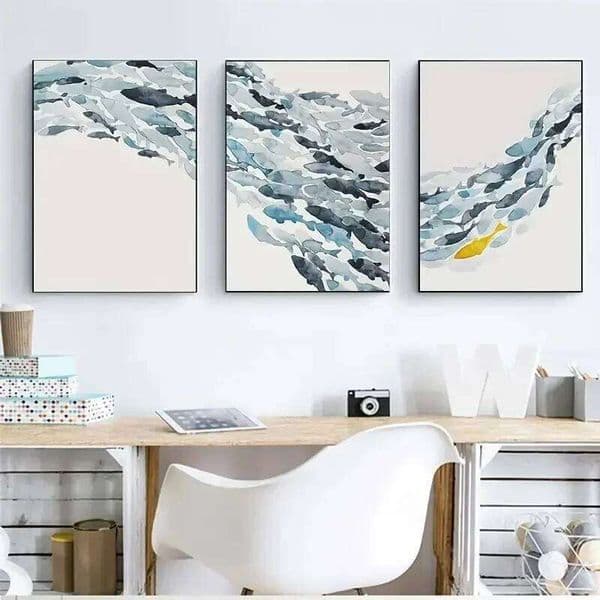 3PCS Watercolor Group Wall Art Posters Golden Fish Blue Prints Canvas Paintings for Living Room Kitchen Frameless 26Y0516