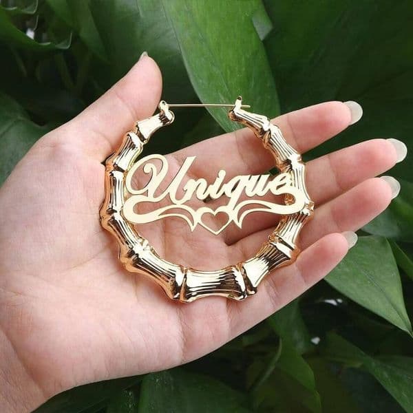 2021 Fashion Bamboo Women Girls Vintage Big Hoop Earring Stainless Steel 18k Gold Custom Name Statement Earrings
