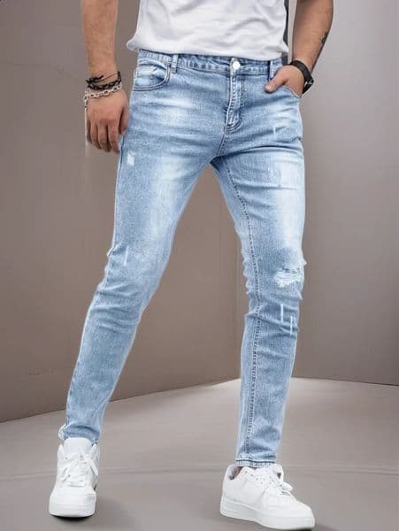 Mens SlimFit Stretch Jeans AllSeason Casual FivePocket Light Blue Effortless Comfort for Fall Layers 260515