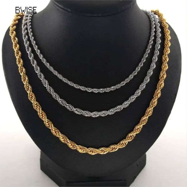 Bwise 3/4MM 316L Rope Chain Necklace Stainless Steel Never Fade Waterproof Choker Men Women Jewelry Gold Color Chains Gif J260516