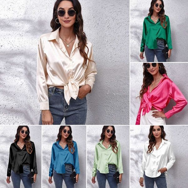 Hot-selling real shot multi-color satin imitation silk long-sleeve shirt new style European and American foreign trade cross-border women's clothing