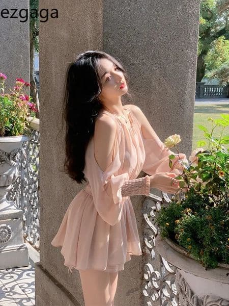Ezgaga Mini Dresses Women Spring Summer Off Shoulder Puff Long Sleeve Chiffon Sweet Ruched Elegant Dress Female Casual Fashion 260515