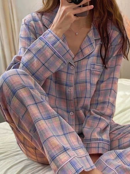 Classic Pink and Purple Plaid Two Piece Pajama Set Soft Long Sleeve Shirt with Pockets Elastic Waistband Pants Cozy LoungewearT260516