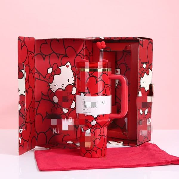 Large 40oz Vacuum Insulated Cup with Lid Straw Cartoon Cat Print Double Wall Stainless Steel Car Tumbler Portable Travel Mug with Gift Box