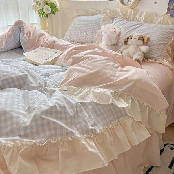 Korean Princess Bedding Soft Skin-friendly Lattice Lace Ruffles Quilt Cover Plaid Style Duvet Covers Set Pillowcases J260516