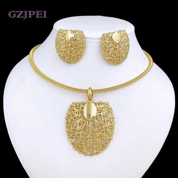 Gold Color Necklace Earrings Set For Women Unique Choker Pendant Earrings 3Pcs Set Jewelry Quality Accessories Free Shipping X260516