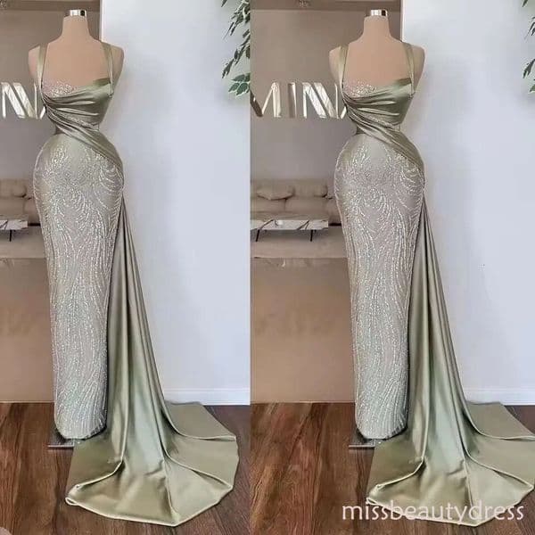 Elegant Sage Satin Mermaid Prom Dresses with Lace Sleeves Illusion Train Formal Evening Gowns for Women Special Occasion Oveskirt Design