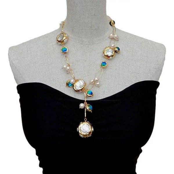 YYGEM Blue Murano Glass Freshwater Cultured White Keshi Pearl Gold Filled Chain Necklace 21 X260516