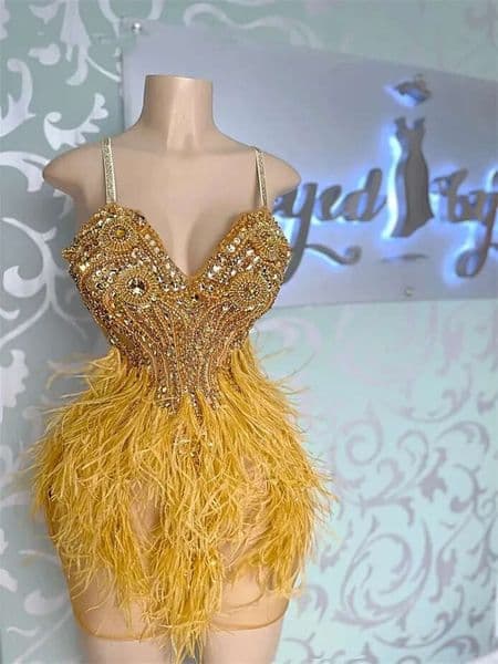 Luxury Gold Feather Beaded Rhinestone Short Prom Sweetheart Mini Cocktail Party Dress for Women