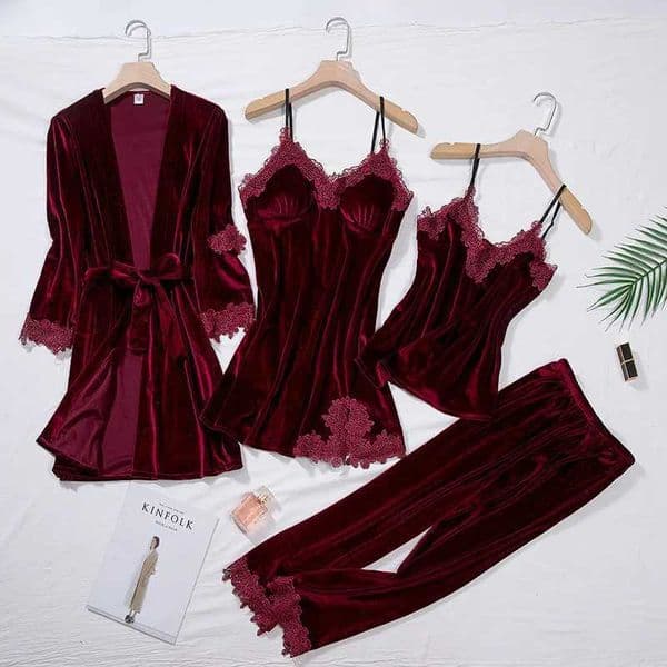 TOP Casual Velour Home Clothing 4pcs Sleep Set Intimate Lingerie Women Pajamas Suit Long Sleeve Lace Velvet Homewear Pyjamas setT260516