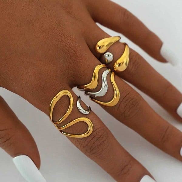 Two Tone Geometric Design Stainless Steel Ring Bracelet Jewelry Set 18K Gold Plated Waterproof Jewelry For Vacation Seaside Etc X260516