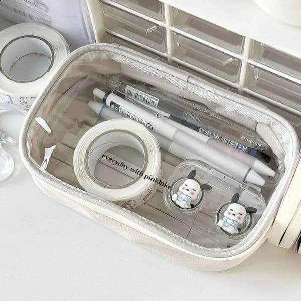 Japanese Minimalist Fashion White Pencil Case Large Capacity Transparent PVC Pen Bag Stationery Organizer Makeup Bag for Girls 260515