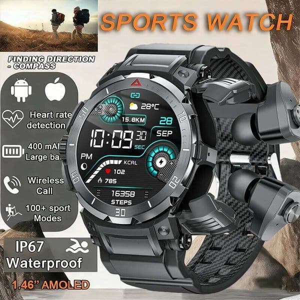 New 3 in 1 Smart Watch Men With TWS Headset Rugged Military Bluetooth Call Fitness Tracker IP67 Waterproof for Android iOS J260516