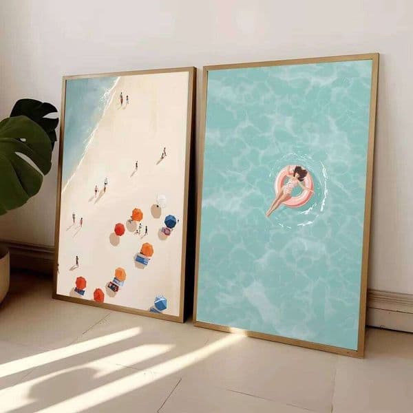 Summer Girl Swimming Pool Party Wall Art-Beach and Ocean Canvas Prints for Nordic Living Room Decor,Boat-Themed Home Art 26Y0516