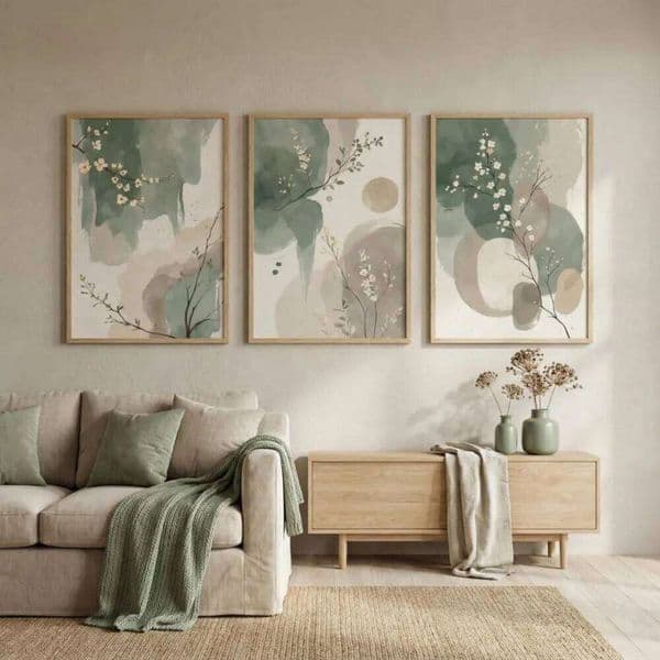 3pcs Frameless Japanese Plant Wall Art,Abstract Watercolor Leaves,Sage Green Beige Prints,Modern Zen Decor,Digital Download 26Y0516